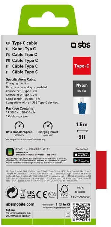Kabllo USB C SBS TECABLETISSUETCCB, 2.0, 60W, 1.5m, blu