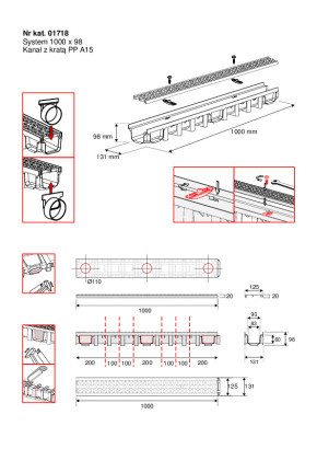 Kanaletë kullimi ACO System 1000x98 mm, kapak PP A15, e zezë