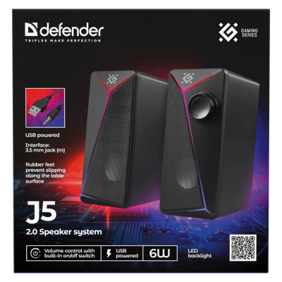 Кутија звучници Defender J5 2.0, 6W, USB, со ЛЕД, црна