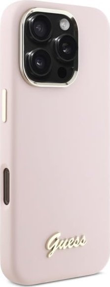 Mbrojtëse telefoni Guess Silicone Script, për iPhone 16 Pro 6.3", silikon, rozë