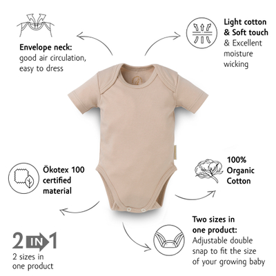 Body bebe Kenguru Gold Hazelnut, 100% pambuk organik, me mëngë të shkurtra, ngjyrë bezhë, 50-56