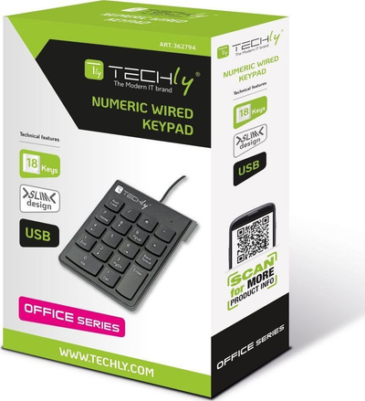 Нумеричка тастатура Techly SLIM, со кабел, PL, Црна