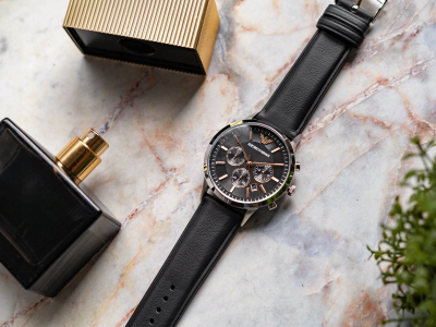 Orë kronograf për meshkuj Emporio Armani AR11431, 43mm, rrip lëkure i zi, skelet i zi