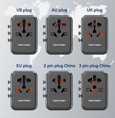 Adapter universal udhëtimi Vention GaN, 4 porta USB C dhe A, 65W, i zi