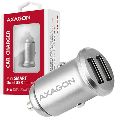 Karikues makine AXAGON mini SMART, 2x porte 5V-2.4A + 2.4A, 24W, i argjendtë