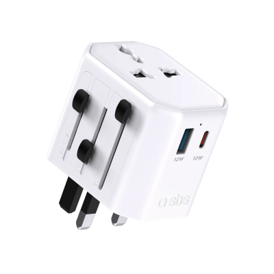 Adapter universal udhëtimi, SBS TEADAPTUSBTCUNI, 2500 W 10 A, prizat EU/UK/US/AU, USB-A + USB-C 12 W, e bardhë