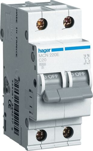 Ndërprerës automatik Hager MCN220E, 2P, 20A, 6kA AC