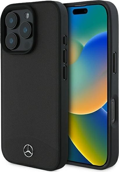 Këllëf telefoni Mercedes me lëkurë me reliev dhe të lëmuar, për iPhone 16 Pro Max, me MagSafe, i zi