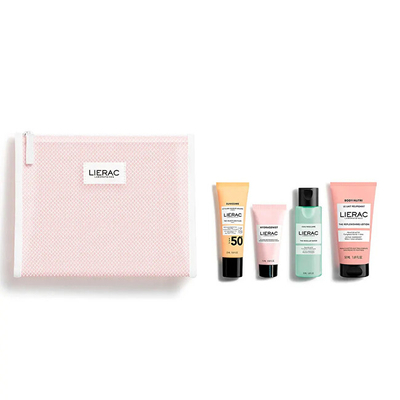 Set Lierac The Beauty Essentials, ujë micellar, 50 ml + krem hidratues, 15 ml + losion për trup, 50 ml + fluid mbrojtës ndaj diellit, 25 ml + çantë kozmetike