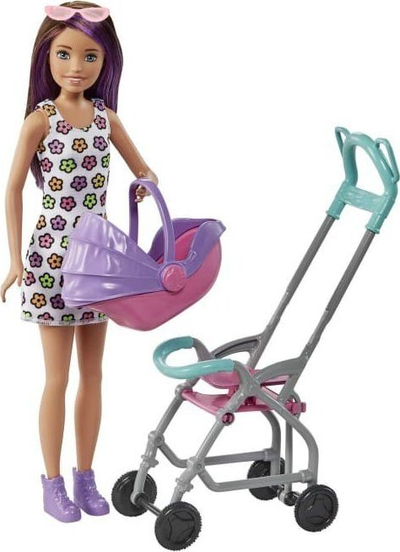 Set lodrash Barbie Babysitter Skipper Stroller GXT34, kukull me bebe, aksesorë kujdesi