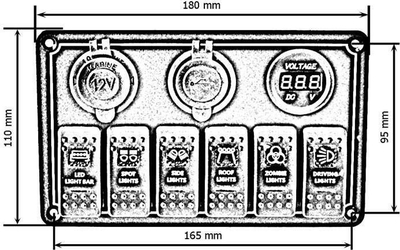 Panel komandues TurboWorks Switch, 12V 24V, 6 çelësa ON OFF, 2xUSB 3.1A, LED voltmetër, IP68, blu