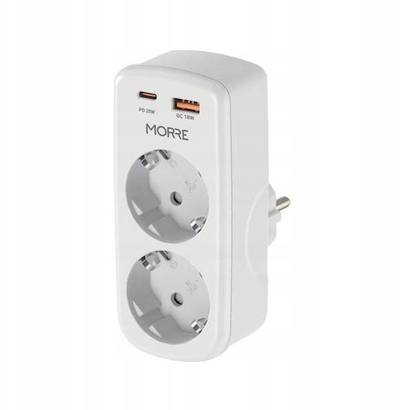 Adaptues energjie Morre M410, 2 dalje AC, USB C 20W dhe USB A 18W, i bardhë