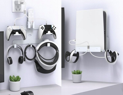 Mbajtëse muri JYS për Sony PlayStation 5 dhe VR2, metalike, me karikues USB, e bardhë