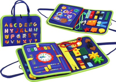 Lodër edukative valixhe Busy Board, sensorike, alfabet, blu