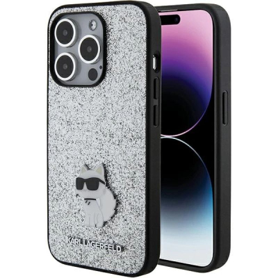 Maskë telefoni Karl Lagerfeld KLHCP15XGCNPSG për iPhone 15 Pro Max 6.7", Glitter Choupette, argjend