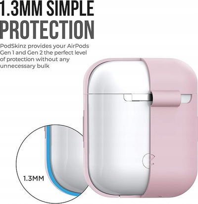 Këllëf silikoni PodSkinz për AirPods 1 dhe 2, me karabinë, me LED që duket, rozë