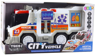 Lodër autoambulancë City Ambulance, me drita dhe zëra, me mekanizëm me shtytje, bardh e kuqe