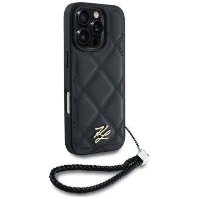Футрола за телефон Karl Lagerfeld Quilted Initial Logo, iPhone 16 Pro 6.3", со ременче со синџир, црна