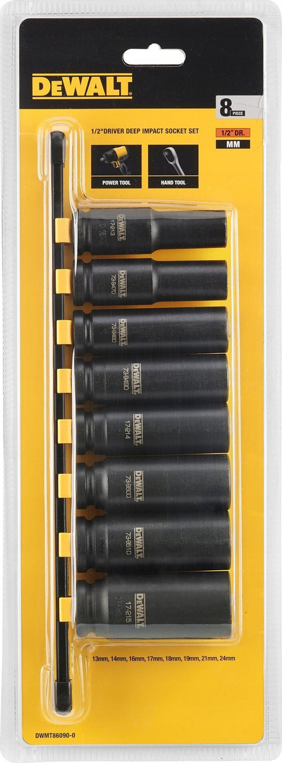 Set çelësash goditës DeWalt IMPACT SOCKET 1/2", 8 copa, çelik i zi