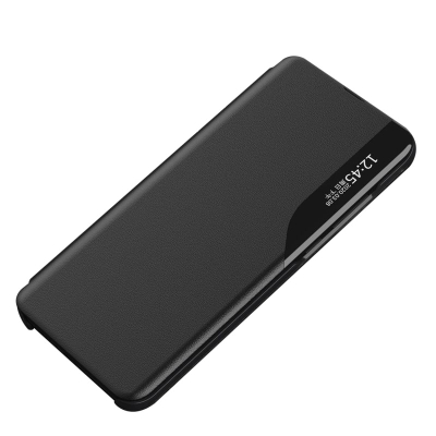 Футрола за телефон Hurtel Eco Leather View, со капак и постојалка, за iPhone 16e, црна