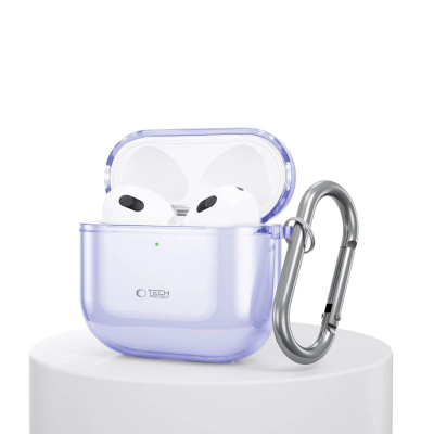 Mbrojtëse kufjesh Tech-Protect Flexair për AirPods 4, TPU, me karabinë, vjollcë e tejdukshme
