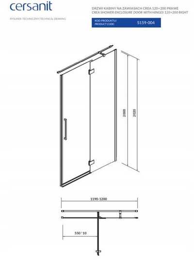 Derë dushi Cersanit CREA PIVOT, 120x200 cm, xham transparent, krom, djathtas