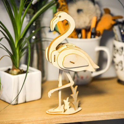 Puzzle 3D druri Nice-idea Flamingo, model dekorativ, ngjyrë druri natyrale