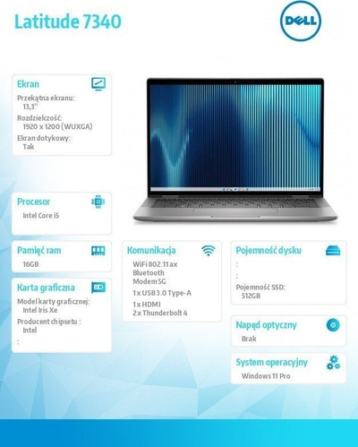 Laptop Dell Latitude 7340, 13.3", Intel Core i5-1345U, 16GB RAM, 512GB SSD