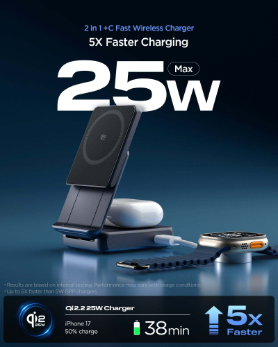 Karikues wireless Spigen 2 në 1, 25W Qi2.2, me portë shtesë USB C, i zi