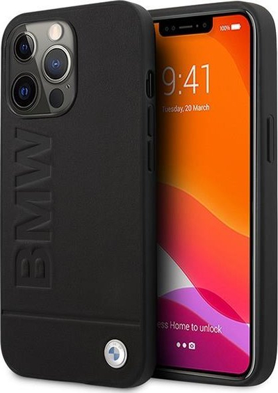 Kuti telefoni BMW Leather Hot Stamp MagSafe për iPhone 14 Pro, lëkurë natyrale, me MagSafe, e zezë