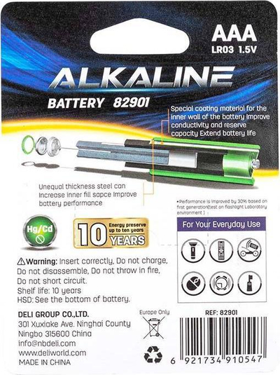 Bateri alkaline Deli 82901 AAA, 1.5V, paketim 6 copë