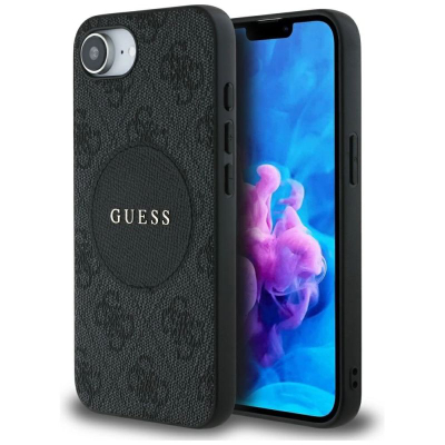 Маска за телефон Guess 4G Circle Classic Logo MagSafe за iPhone 16e, еко кожа, црна