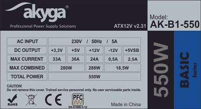 Burim energjie Akyga AK-B1-550, 20+4 pin ATX, 550 W