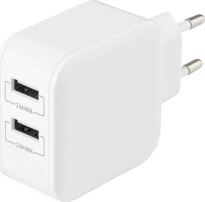 Karikues murit DELTACO, 2 porta USB A, 4.8A 24W, i bardhë