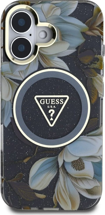 Kuti mbrojtëse Guess Glitter Flowers Triangle Buttons MagSafe për iPhone 16, 6.1", e zezë