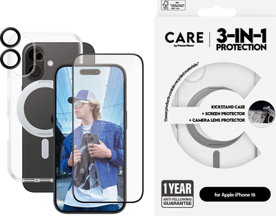 Set mbrojtës PanzerGlass CARE 3 në 1, për iPhone 16, MagSafe, transparent