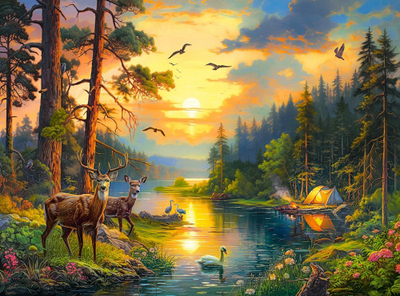 Puzzle Castorland Perëndim Dielli mbi Lumin e Pyllin, 3000 copa, shumëngjyrësh