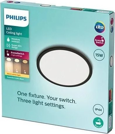 Плафонска таванска светилка Philips SuperSlim LED, Ø24.5 cm, IP44, црна