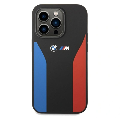 Këllëf telefoni BMW M Silicone për iPhone 15 Pro Max, me shirita blu edhe të kuq, i zi