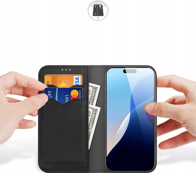 Këllëf telefoni Dux Ducis Hivo për iPhone 16, lëkurë, portofol RFID, i zi
