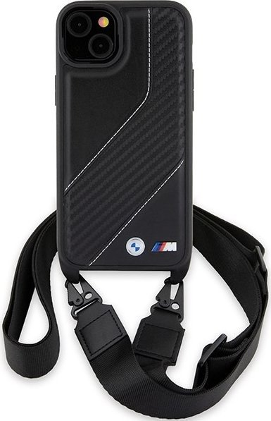 Mbrojtëse telefoni BMW M Edition Carbon Stripe me rrip, për iPhone 15 Plus 14 Plus, e zezë