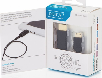 Kabllo HDMI Digitus High Speed, Type C në Type A, 4K, e zezë