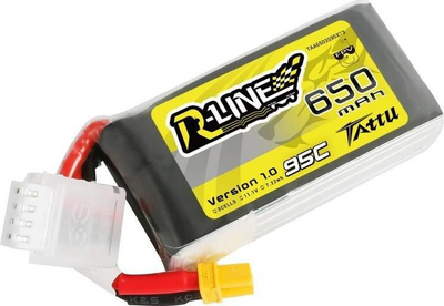 Bateri LiPo Tattu R-Line, 650mAh 11.1V 95C 3S, XT30, e verdhë