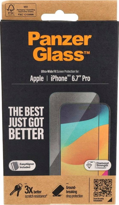Mbrojtëse ekrani PanzerGlass për iPhone 15 Pro Max, Ultra Wide Fit, me EasyAligner, transparente