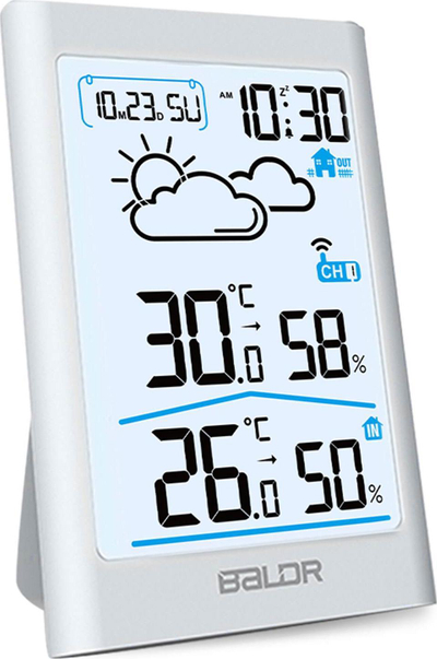 Stacion moti wireless Hygrometer Sensor, ekran LCD, matje temperaturë dhe lagështie, i bardhë