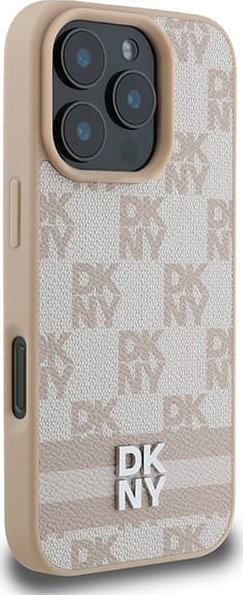 Mbulesë telefoni DKNY prej lëkure PU me katrorë shahu, për iPhone 16 Pro, kornizë TPU, rozë