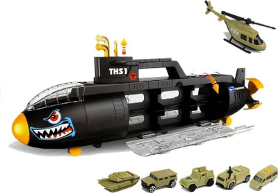 Играчка подморница во форма на ајкула Shark Submarine, сет со автомобили и хеликоптер, повеќебојна