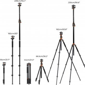 Tripod alumini K&amp;F Concept 90, 2.3m, kolonë horizontale, monopod i kthyeshëm