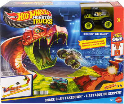 Set loje Hot Wheels Monster Trucks Snake Slam Takedown, përfshin kamion 1:64, shumëngjyrësh