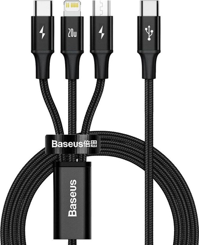 Kabllo karikimi Baseus Rapid 3in1 CAMLT-SC01, USB-C në USB-C microUSB Lightning, 1.5m, e zezë